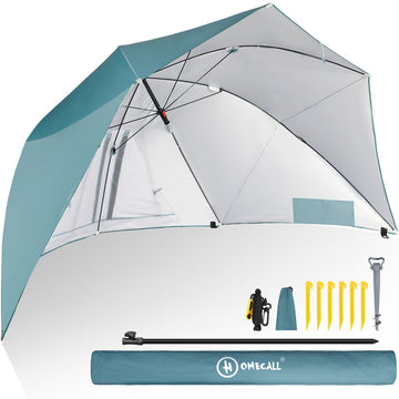 Strandmuschel mit Sonnenschirm – 3-in-1 Sonnenschutz, Windschutz und Strandschirm, blau-grün