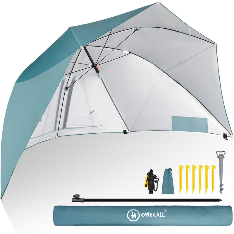 Strandmuschel mit Sonnenschirm – 3-in-1 Sonnenschutz, Windschutz und Strandschirm, blau-grün