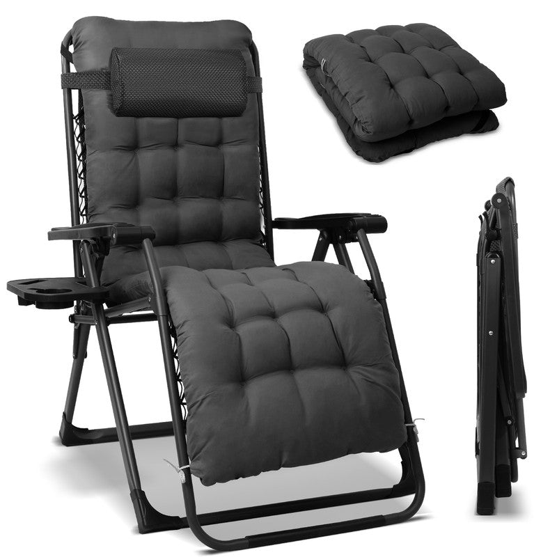 Liegestuhl klappbar XXL bis 180 kg belastbar – Sonnenliege mit Kissen für Garten, Balkon, Terrasse & Camping, schwarz