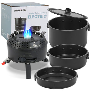 2-in-1 Campingkocher Gas & Elektro – Tragbarer Outdoor Kocher mit Topf & Pfanne, Antihaftbeschichtung