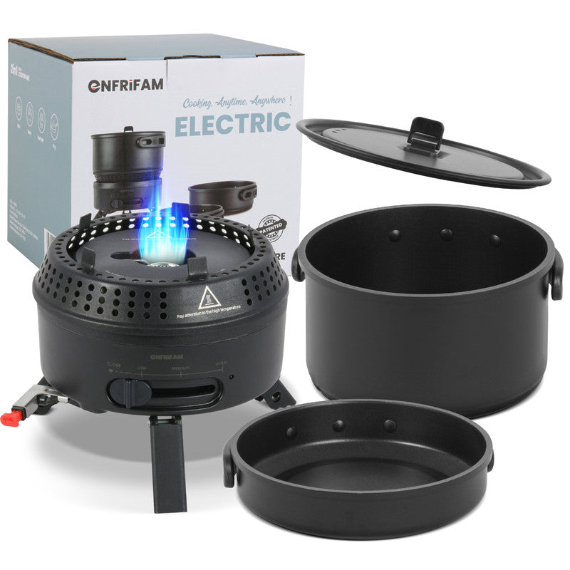 2-in-1 Campingkocher Gas & Elektro – Tragbarer Outdoor Kocher mit Topf & Pfanne, Antihaftbeschichtung, Camping Kochset