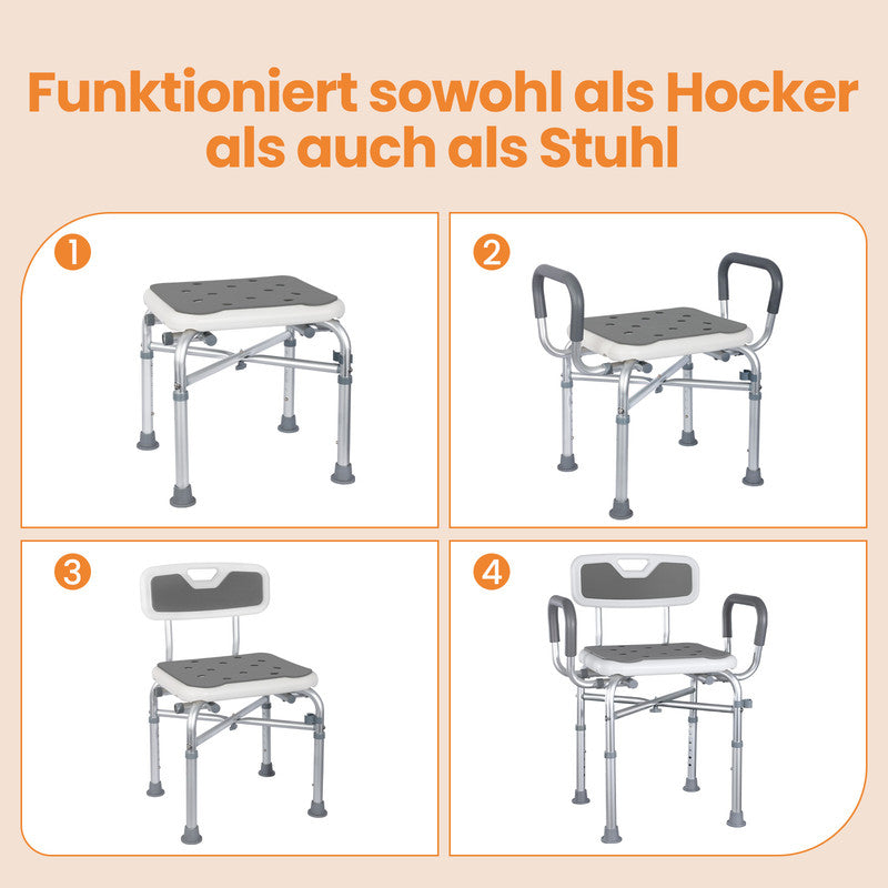 Duschstuhl mit Armlehnen höhenverstellbar – Rutschfester Duschhocker bis 180 kg | Sitzhilfe für Senioren & Bad