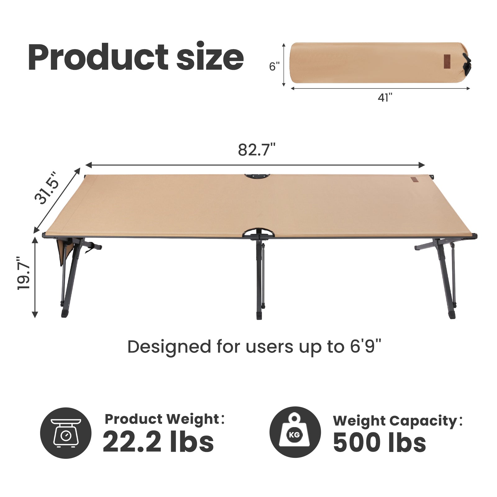 HOMECALL XXL Campingbett klappbar – stabiles Feldbett bis 200 kg, faltbares Outdoor- und Gästebett mit Tragetasche, sand
