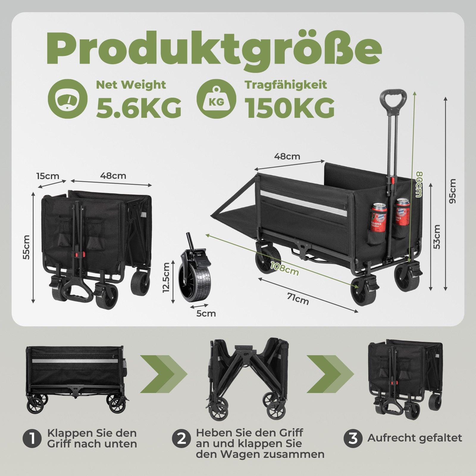 Faltbarer Bollerwagen Handwagen bis 150 kg – Strandwagen mit Dach, 120 L+ Volumen, Campingwagen mit Reflektorstreifen