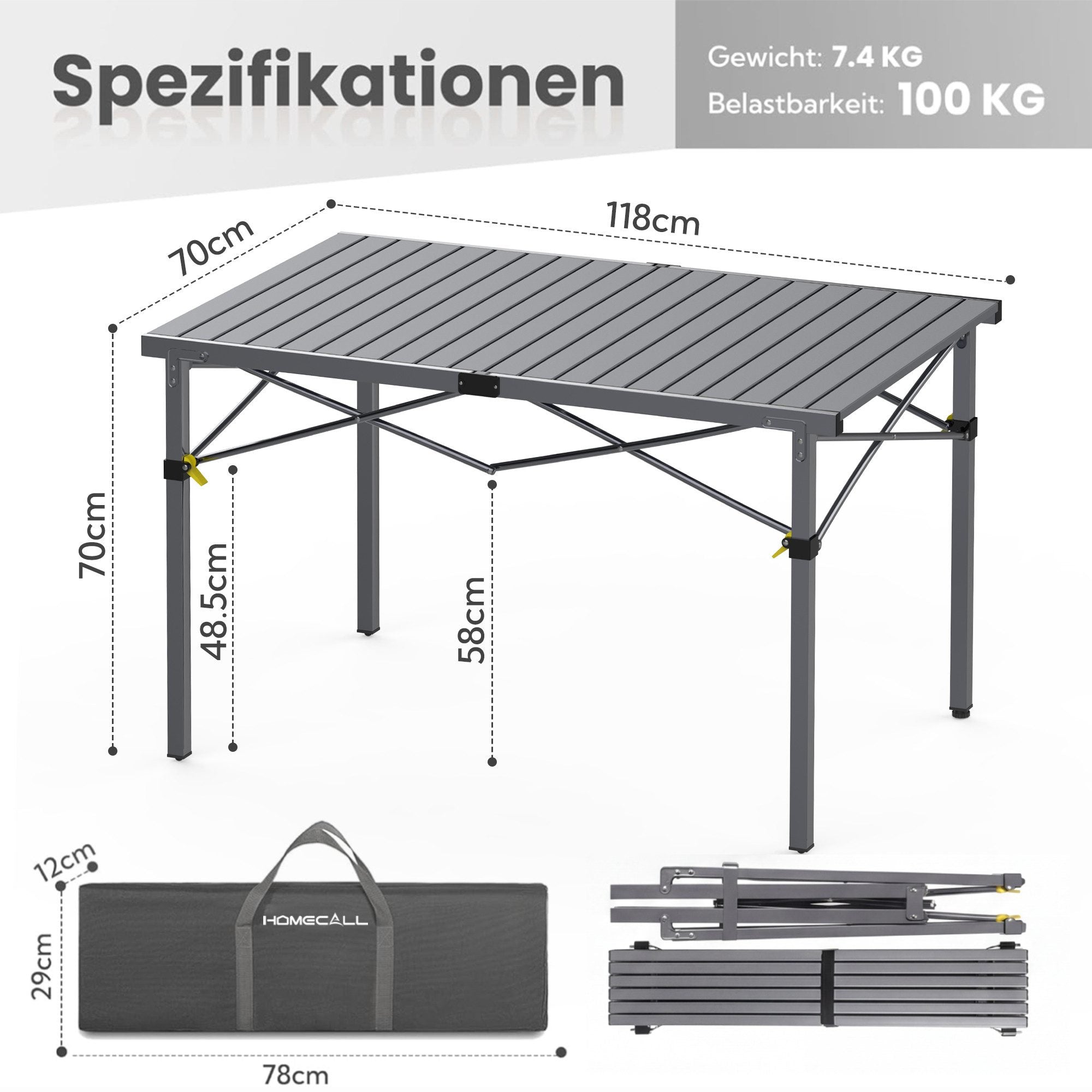 HOMECALL Campingtisch klappbar – stabiler Gartentisch und Balkontisch, tragbar, leicht und platzsparend, Anthrazit
