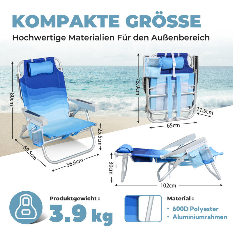 HOMECALL Strandstuhl klappbar leicht mit Kühlfach – Campingstuhl 5-fach verstellbar, Aluminiumrahmen bis 136 kg belastbar | geprüfte B-Ware
