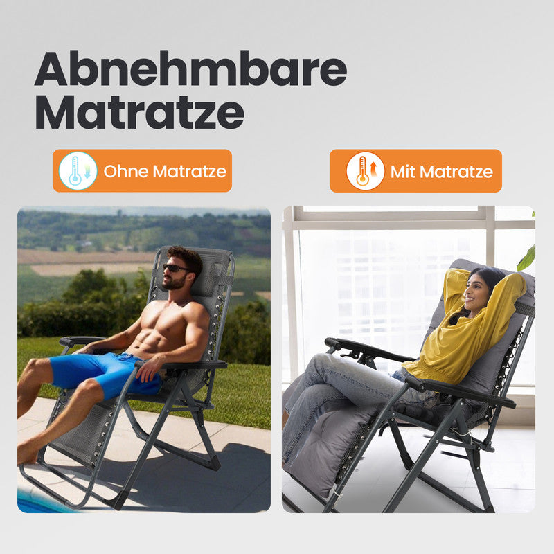 Liegestuhl klappbar XXL bis 180 kg belastbar – Sonnenliege mit Kissen für Garten, Balkon, Terrasse & Camping, grau