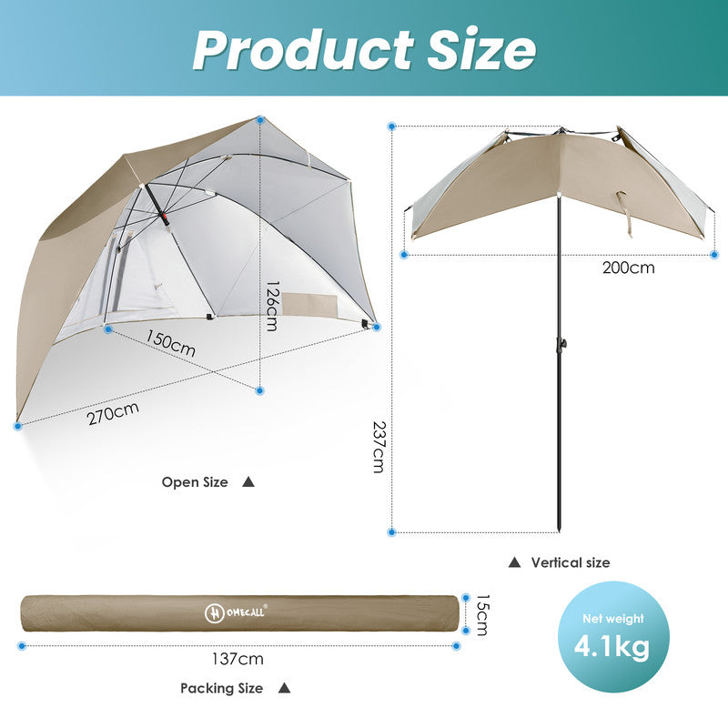 Strandmuschel mit Sonnenschirm – 3-in-1 Sonnenschutz, Windschutz und Strandschirm, beige
