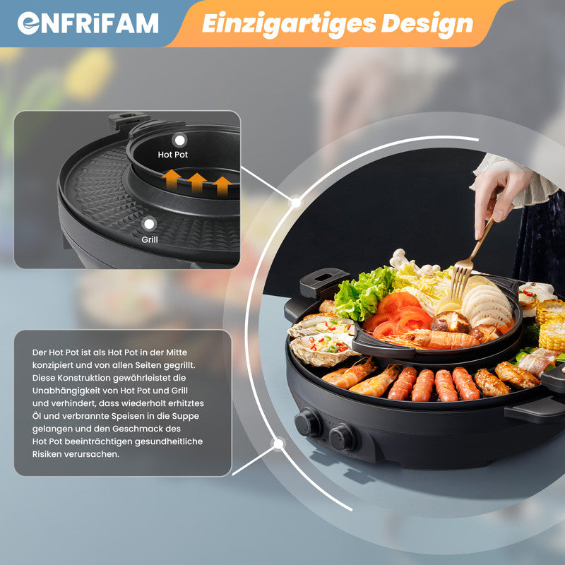 2-in-1 Elektrischer Hot Pot & Teppanyaki Grill 2000W – Tischgrill mit Kochtopf, Antihaftbeschichtung & Temperaturregelung für 2–6 Personen