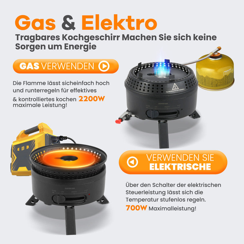 2-in-1 Campingkocher Gas & Elektro – Tragbarer Outdoor Kocher mit Topf & Pfanne, Antihaftbeschichtung