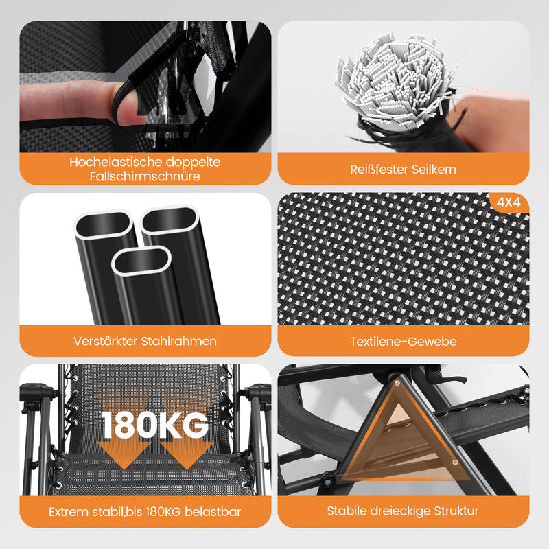 Liegestuhl klappbar XXL bis 180 kg belastbar – Sonnenliege mit Kissen für Garten, Balkon, Terrasse & Camping, schwarz