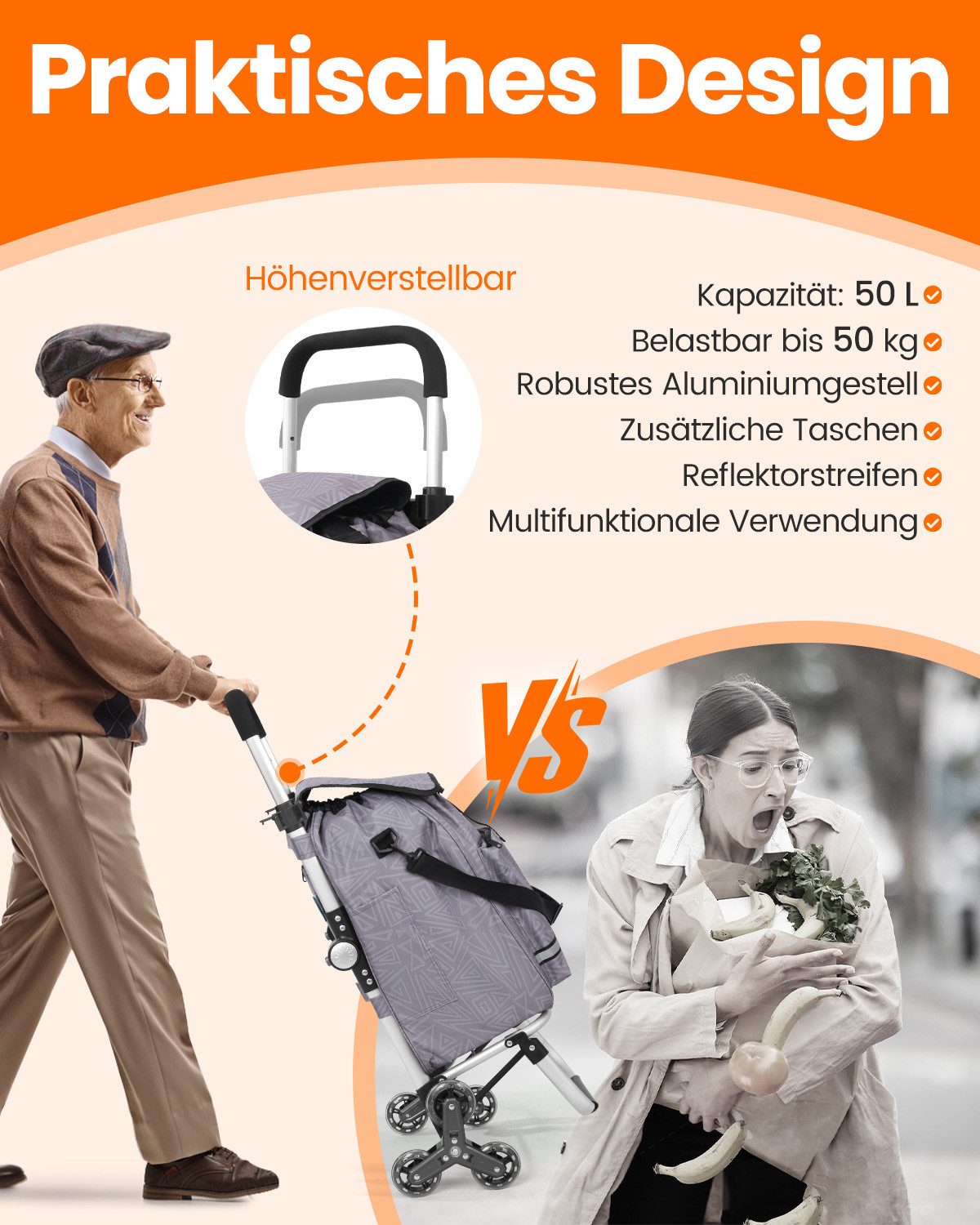 Einkaufstrolley klappbar mit Kühlfach 55 L – Shopping Trolley bis 50 kg belastbar, Treppensteiger
