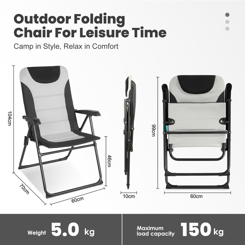 Campingstuhl Hochlehner klappbar – Gepolsterter Gartenstuhl mit 5-fach verstellbarer Rückenlehne bis 150 kg belastbar - creme-schwarz