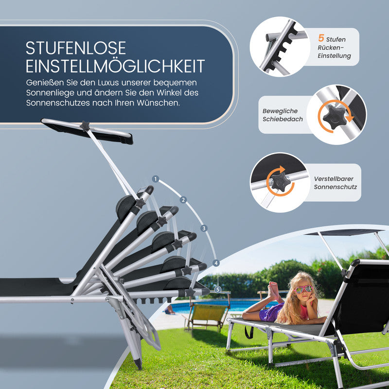 Sonnenliege klappbar – Leichte Gartenliege aus Aluminium mit 5-fach verstellbarer Rückenlehne Sonnendach und Nackenkissen schwarz