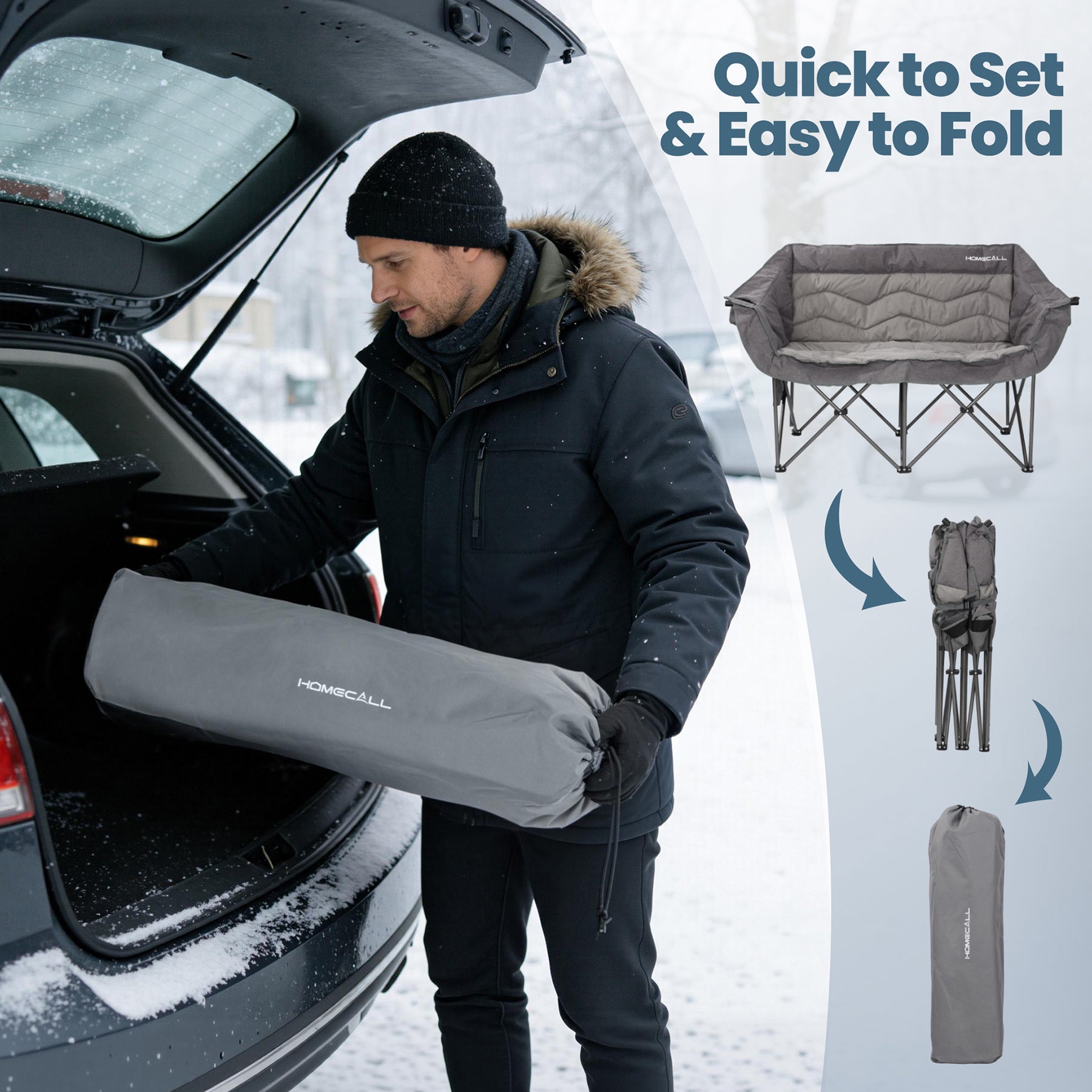 HOMECALL Campingstuhl 2 Personen faltbar – Doppel Campingsofa bis 360 kg, stabile Camping Couch mit Rückenlehne, Grau