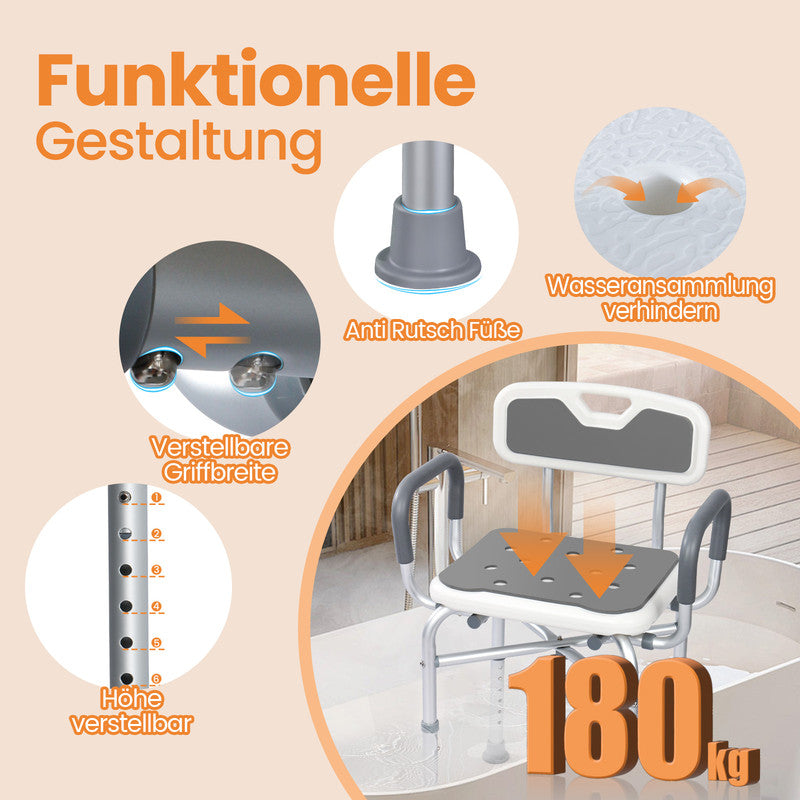 Duschstuhl mit Armlehnen höhenverstellbar – Duschhocker, rutschfest, Sitzhilfe bis 180 kg belastbar | Sonderposten B-Ware