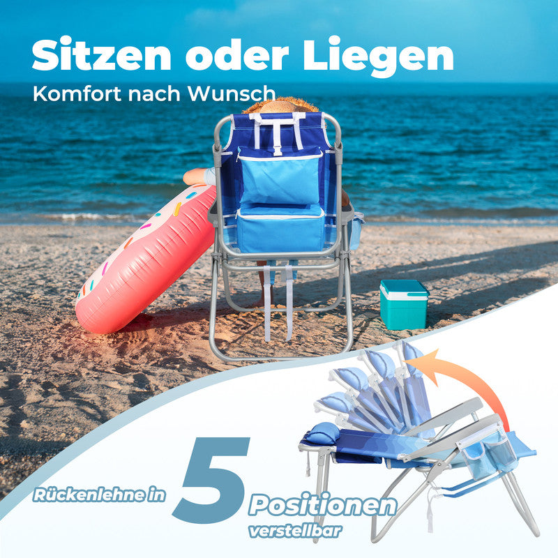 Strandstuhl klappbar  – Aluminium Campingstuhl mit Kühlfach, 5-fach verstellbarer Rückenlehne & Kopfkissen, bis 136 kg belastbar
