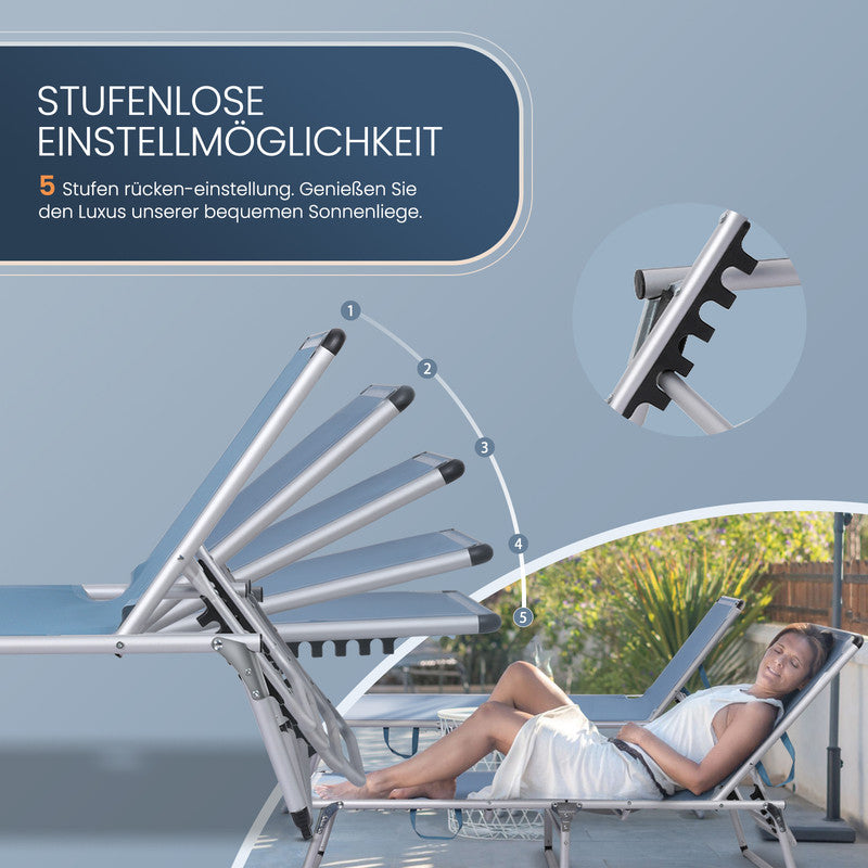 Sonnenliege klappbar – Leichte Gartenliege aus Aluminium mit 5-fach verstellbarer Rückenlehne - blau