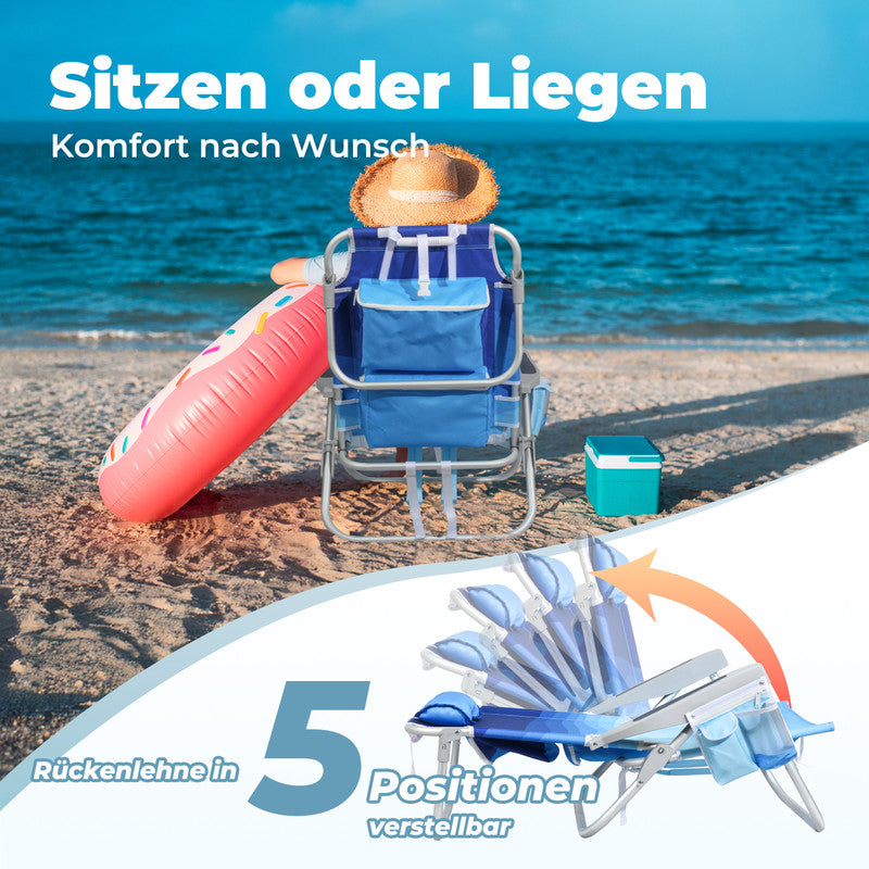 HOMECALL Strandstuhl klappbar leicht mit Kühlfach – Campingstuhl 5-fach verstellbar, Aluminiumrahmen bis 136 kg belastbar | geprüfte B-Ware