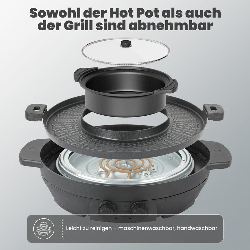 2-in-1 Elektrischer Hot Pot & Teppanyaki Grill 2000W – Tischgrill mit Kochtopf, Antihaftbeschichtung & Temperaturregelung für 2–6 Personen