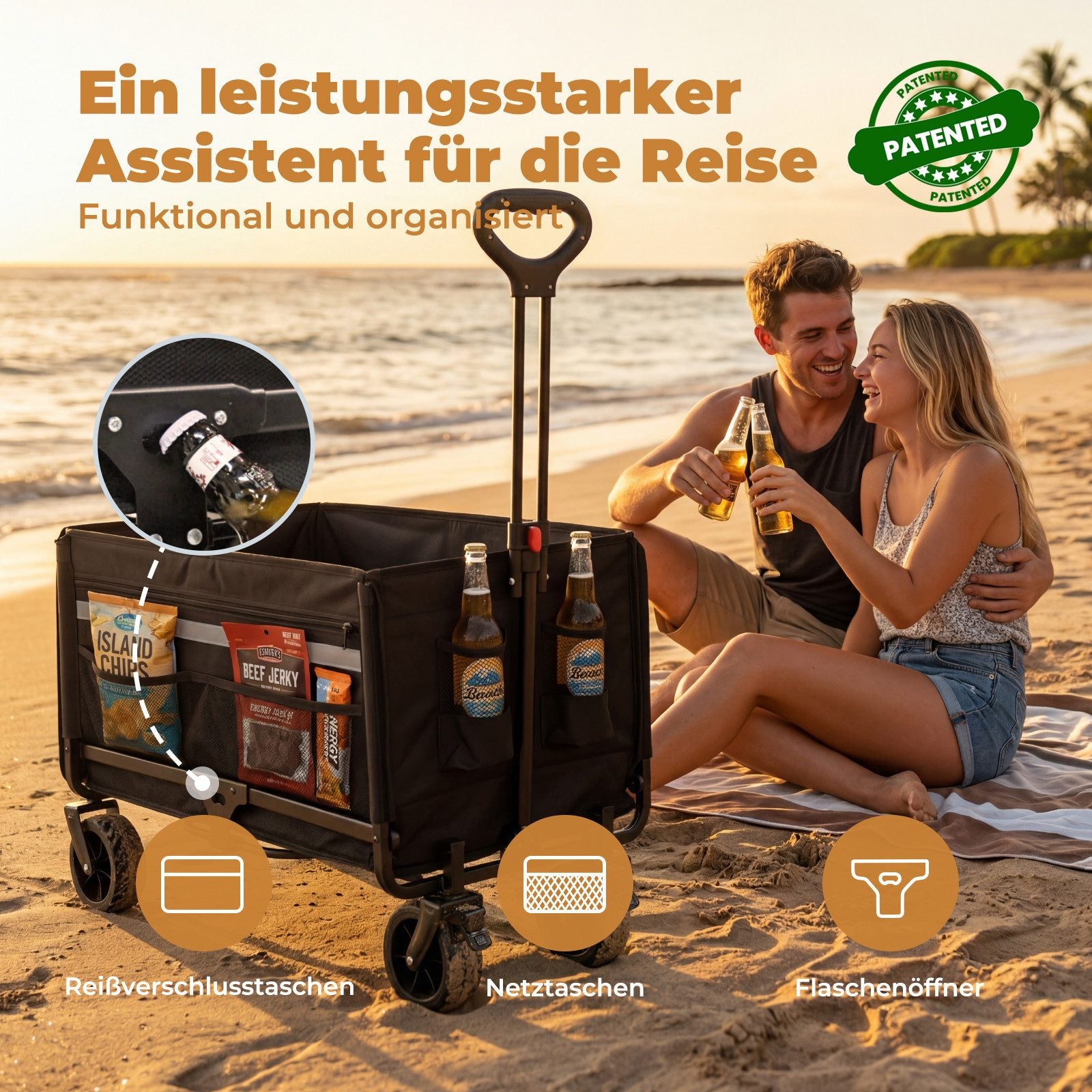 Faltbarer Bollerwagen Handwagen bis 150 kg – Strandwagen mit Dach, 120 L+ Volumen, Campingwagen mit Reflektorstreifen