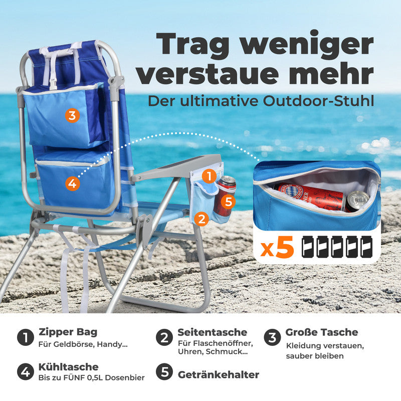 Strandstuhl klappbar  – Aluminium Campingstuhl mit Kühlfach, 5-fach verstellbarer Rückenlehne & Kopfkissen, bis 136 kg belastbar