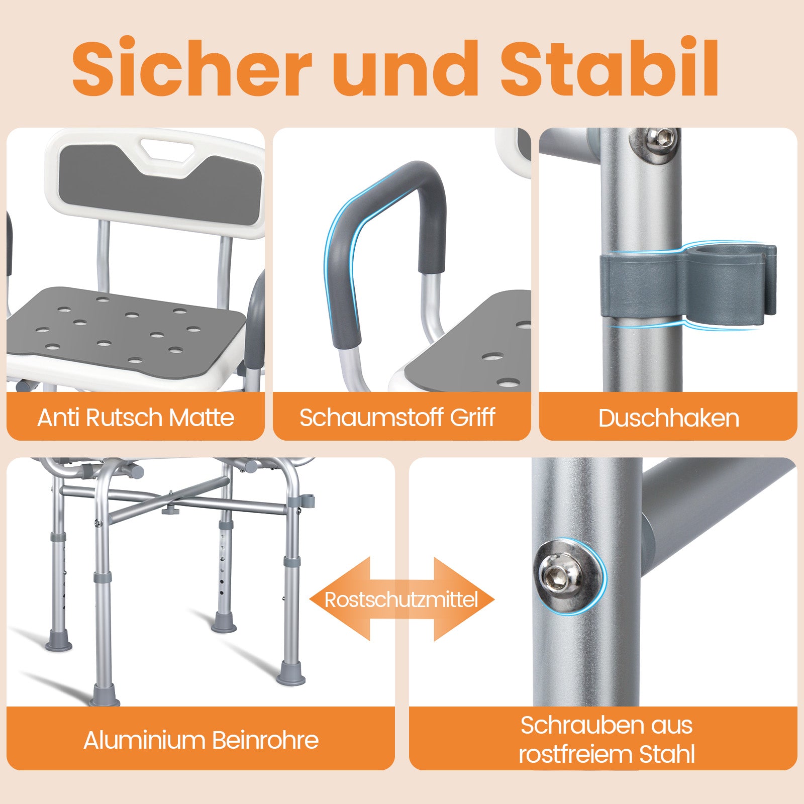 Duschstuhl mit Armlehnen höhenverstellbar – Duschhocker, rutschfest, Sitzhilfe bis 180 kg belastbar | Sonderposten B-Ware