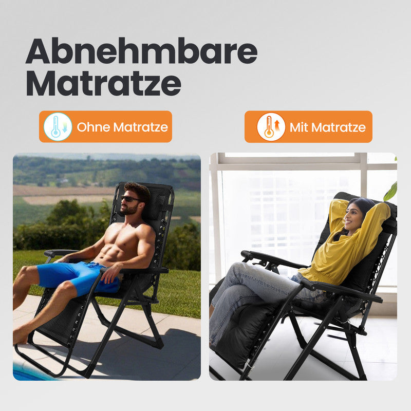 Liegestuhl klappbar XXL bis 180 kg belastbar – Sonnenliege mit Kissen für Garten, Balkon, Terrasse & Camping, schwarz