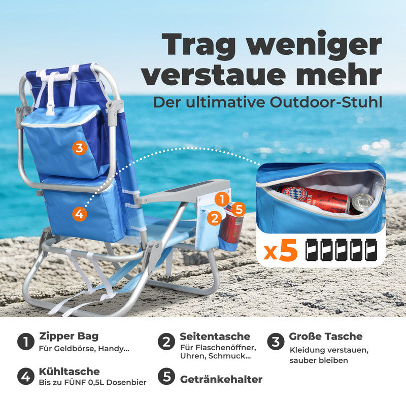 Strandstuhl klappbar  – Aluminium Campingstuhl mit Kühlfach, 5-fach verstellbarer Rückenlehne & Kopfkissen, bis 136 kg belastbar