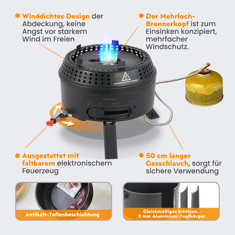 2-in-1 Campingkocher Gas & Elektro – Tragbarer Outdoor Kocher mit Topf & Pfanne, Antihaftbeschichtung