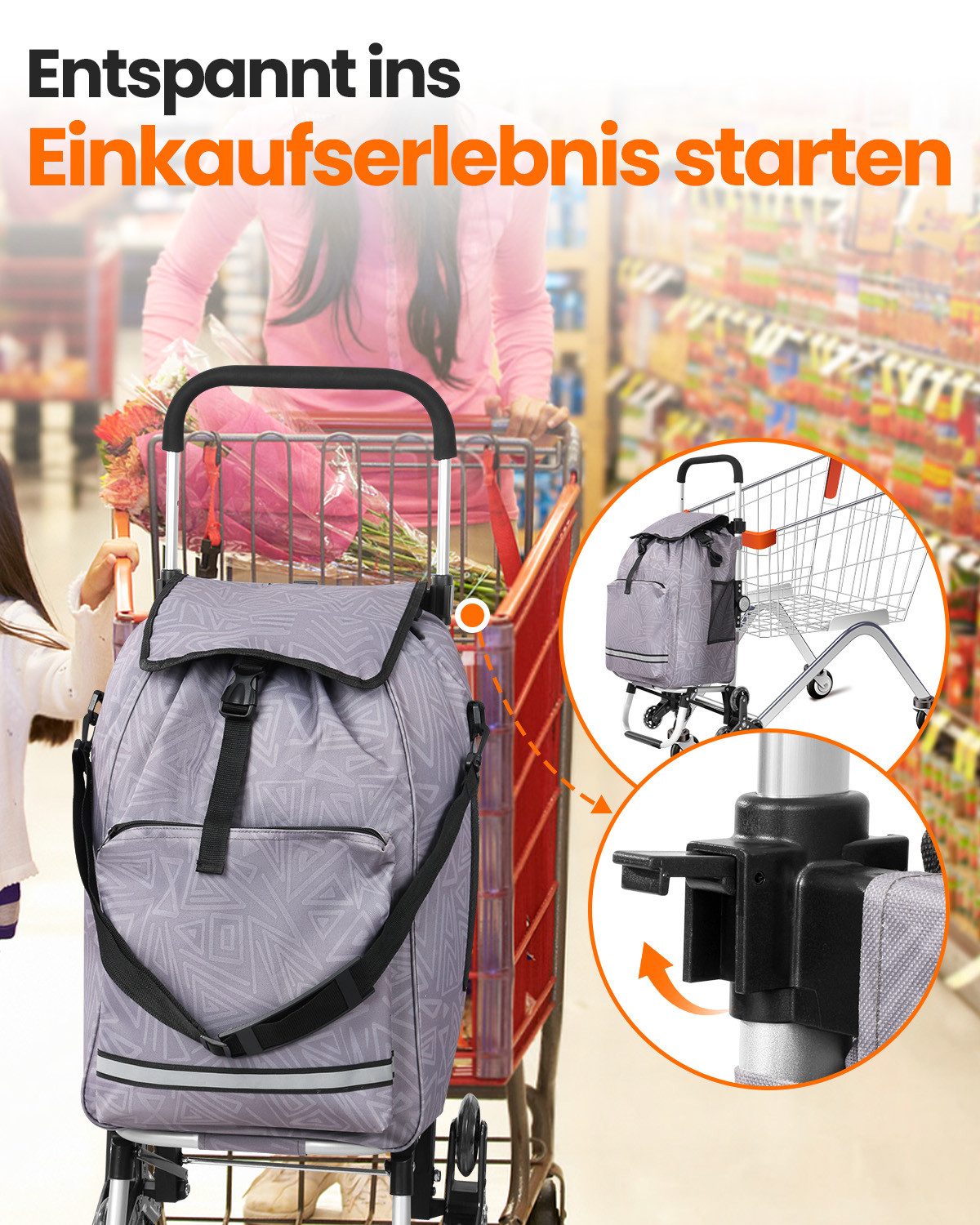 Einkaufstrolley klappbar mit Kühlfach 55 L – Shopping Trolley bis 50 kg belastbar, Treppensteiger