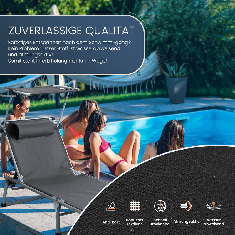 Sonnenliege klappbar – Leichte Gartenliege aus Aluminium mit 5-fach verstellbarer Rückenlehne Sonnendach und Nackenkissen schwarz