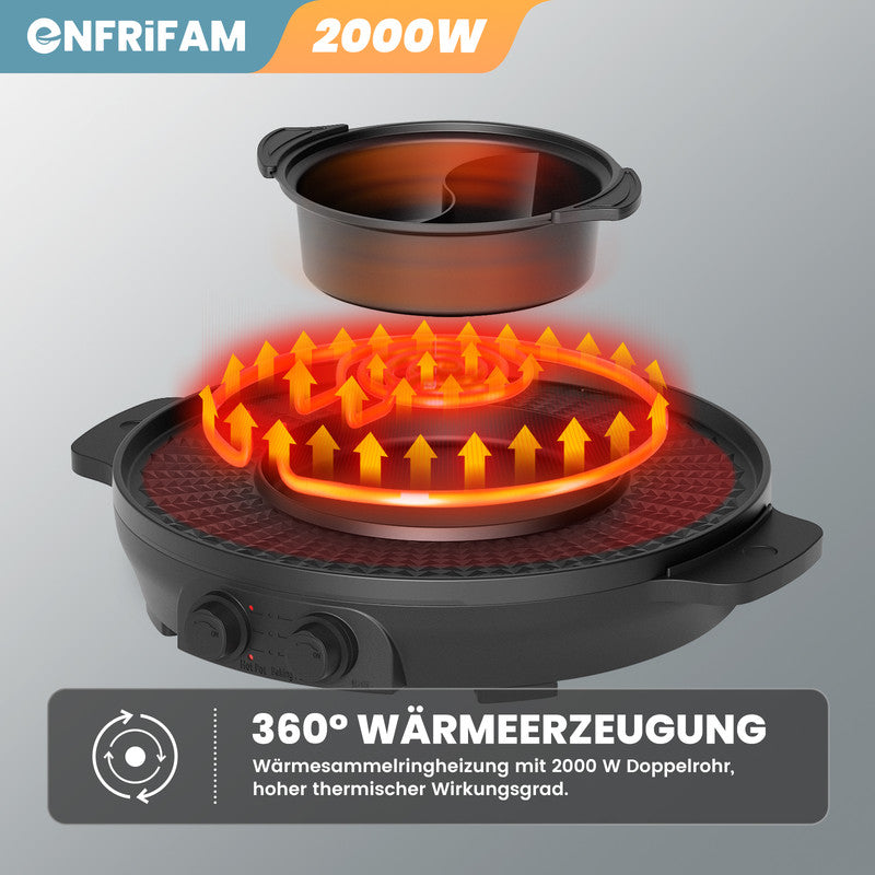 2-in-1 Elektrischer Hot Pot & Teppanyaki Grill 2000W – Elektro Grillplatte mit Kochtopf, Antihaftbeschichtung, Temperaturregelung, für 2–6 Personen