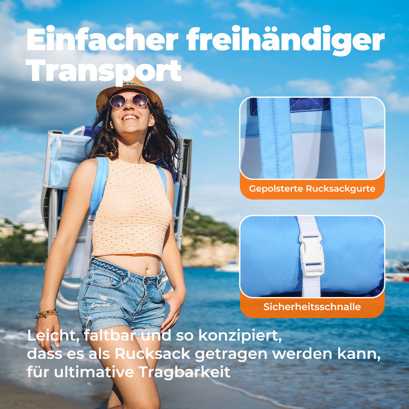 Strandstuhl klappbar  – Aluminium Campingstuhl mit Kühlfach, 5-fach verstellbarer Rückenlehne & Kopfkissen, bis 136 kg belastbar