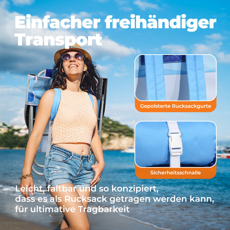Strandstuhl klappbar  – Aluminium Campingstuhl mit Kühlfach, 5-fach verstellbarer Rückenlehne & Kopfkissen, bis 136 kg belastbar