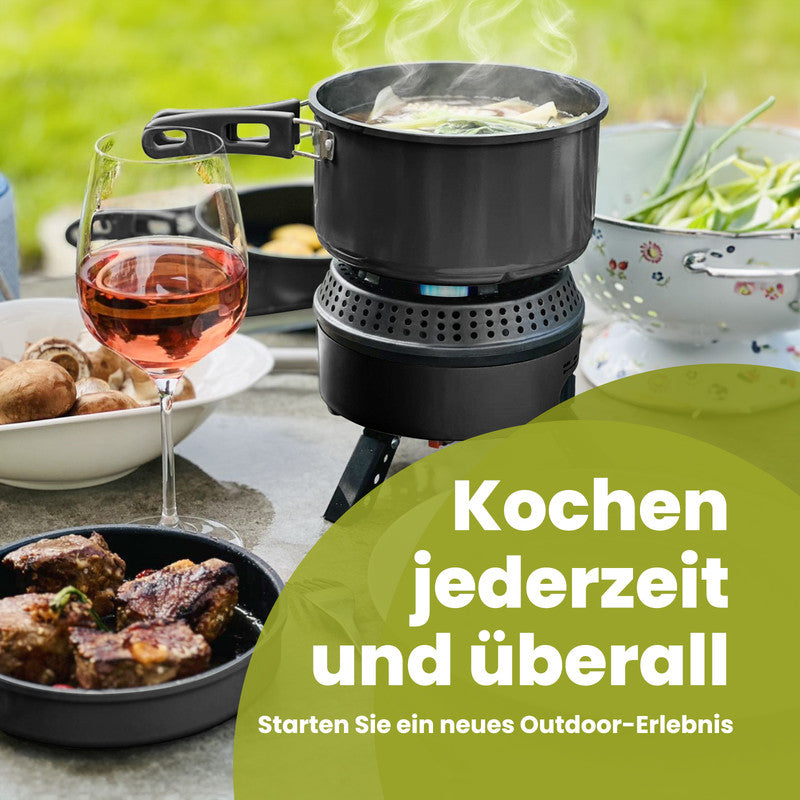 2-in-1 Campingkocher Gas & Elektro – Tragbarer Outdoor Kocher mit Topf & Pfanne, Antihaftbeschichtung