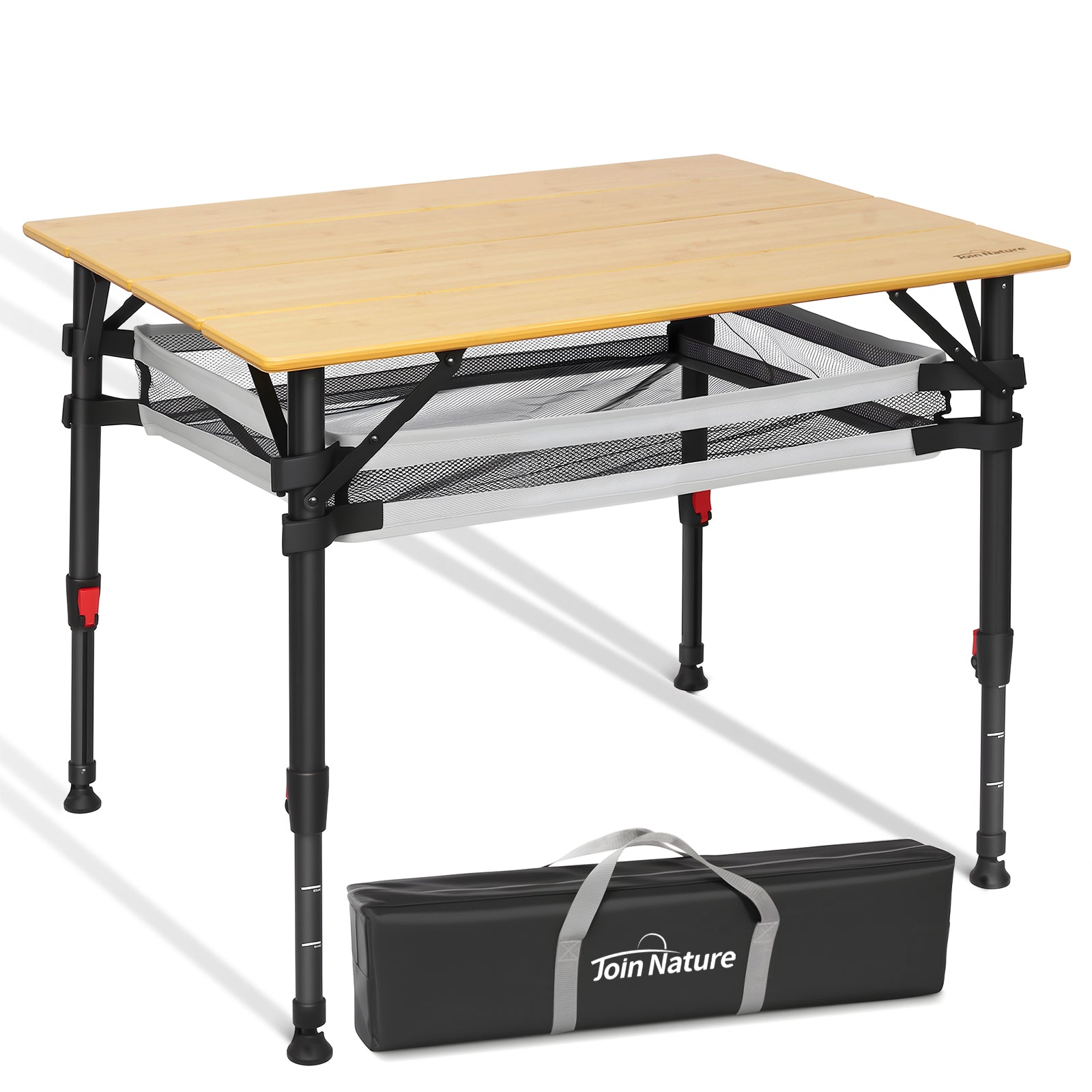 Campingtisch klappbar mit Bambus-Tischplatte – höhenverstellbarer Outdoor-Tisch mit verstellbaren Beinen und Aufbewahrungsnetz, 100 x 65 cm