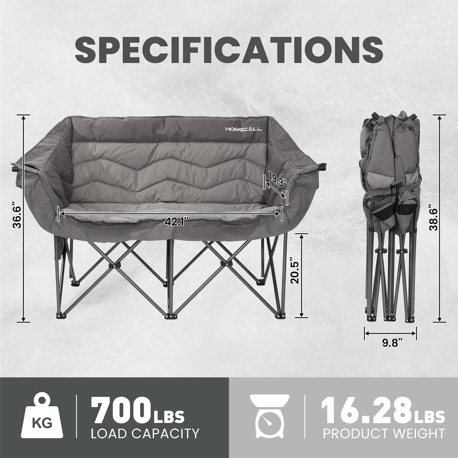 HOMECALL Campingstuhl 2 Personen faltbar – Doppel Campingsofa bis 360 kg, stabile Camping Couch mit Rückenlehne, Grau