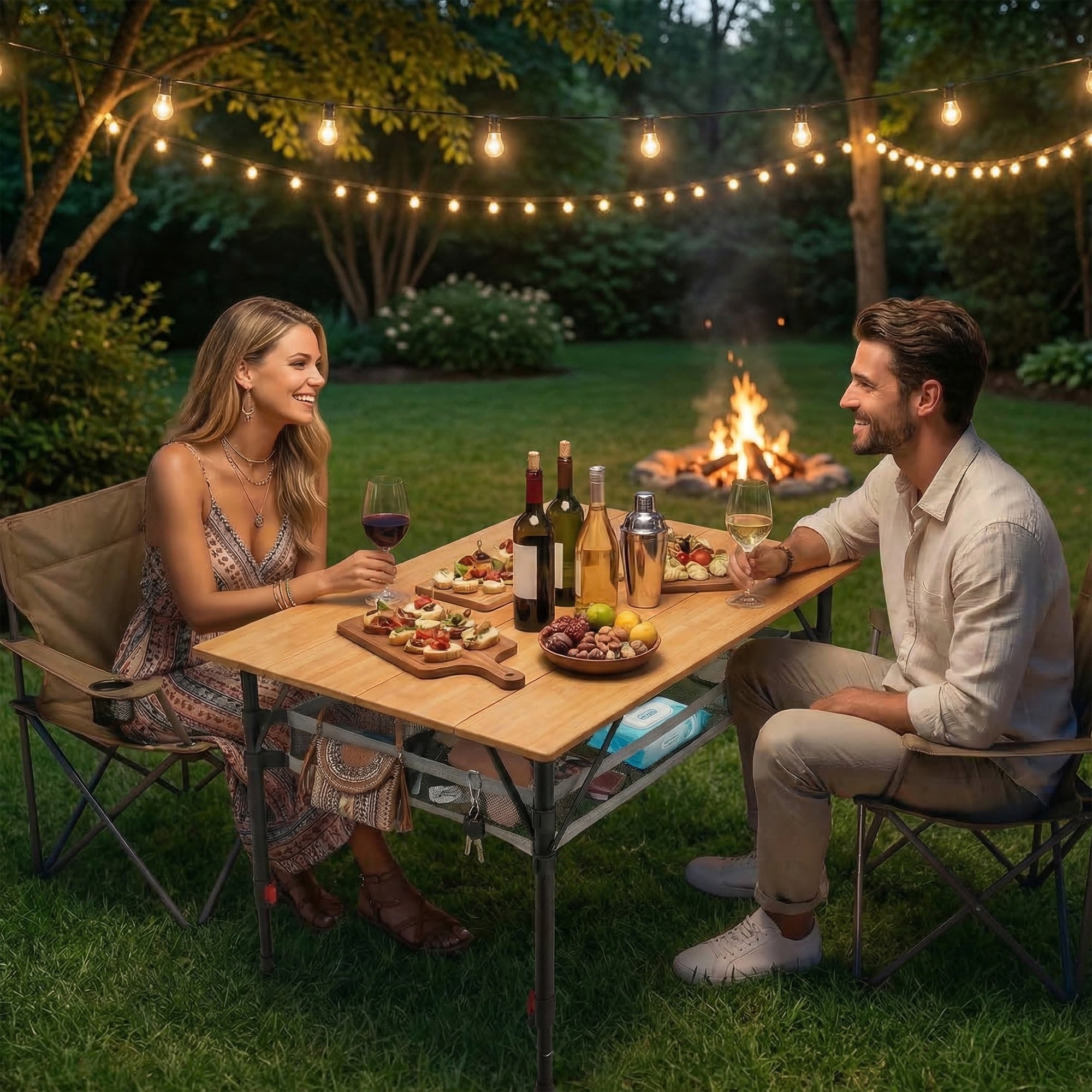 Campingtisch klappbar mit Bambus-Tischplatte – höhenverstellbarer Outdoor-Tisch mit verstellbaren Beinen und Aufbewahrungsnetz, 80 x 65 cm