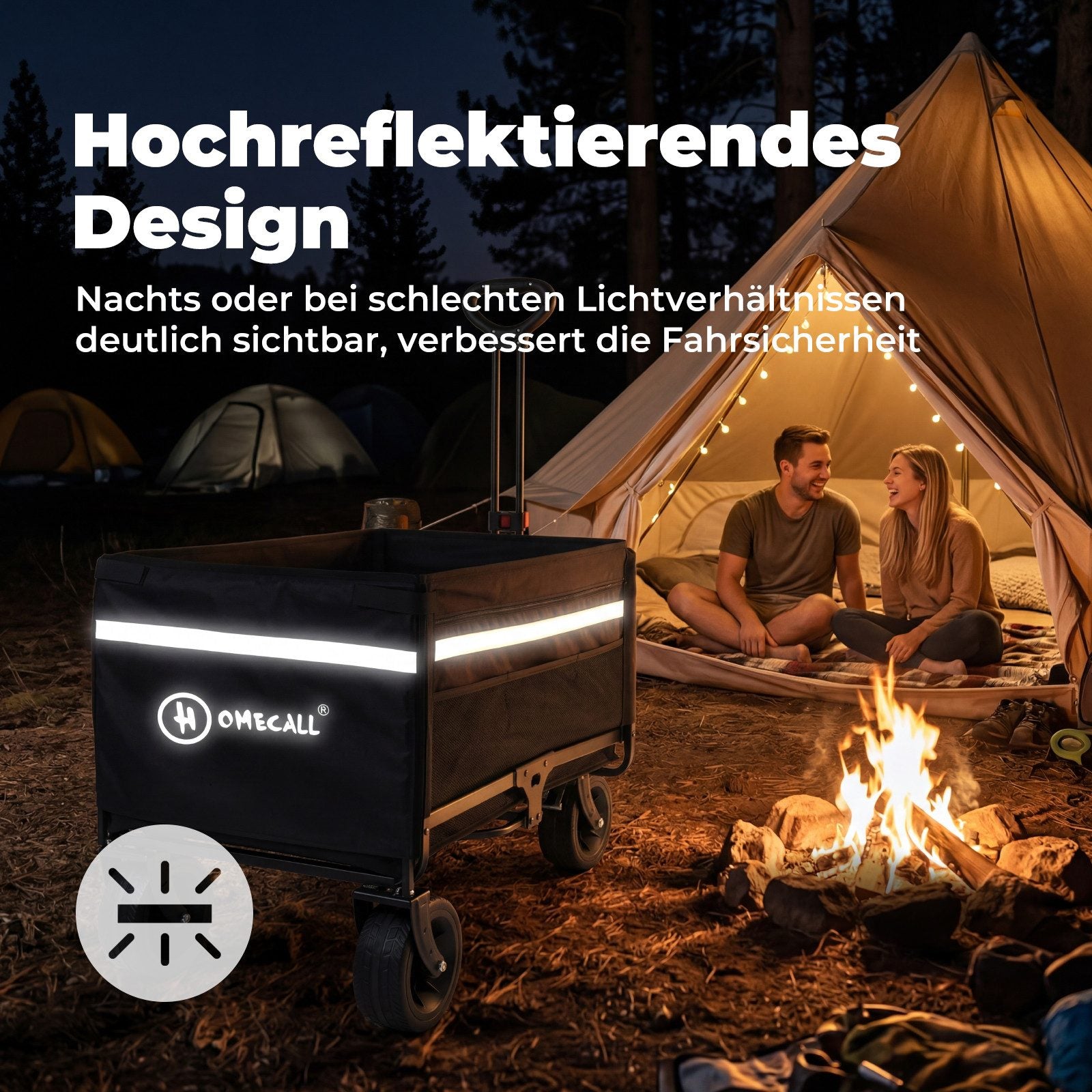 Faltbarer Bollerwagen Handwagen bis 150 kg – Strandwagen mit Dach, 120 L+ Volumen, Campingwagen mit Reflektorstreifen