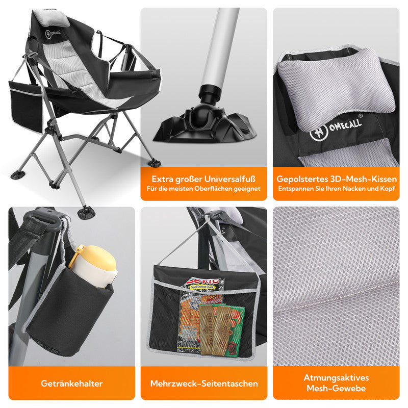 Camping Schaukelstuhl faltbar – Komfortabler Outdoor Hängesessel mit verstellbarer Rückenlehne für Garten & Camping schwarz-grau