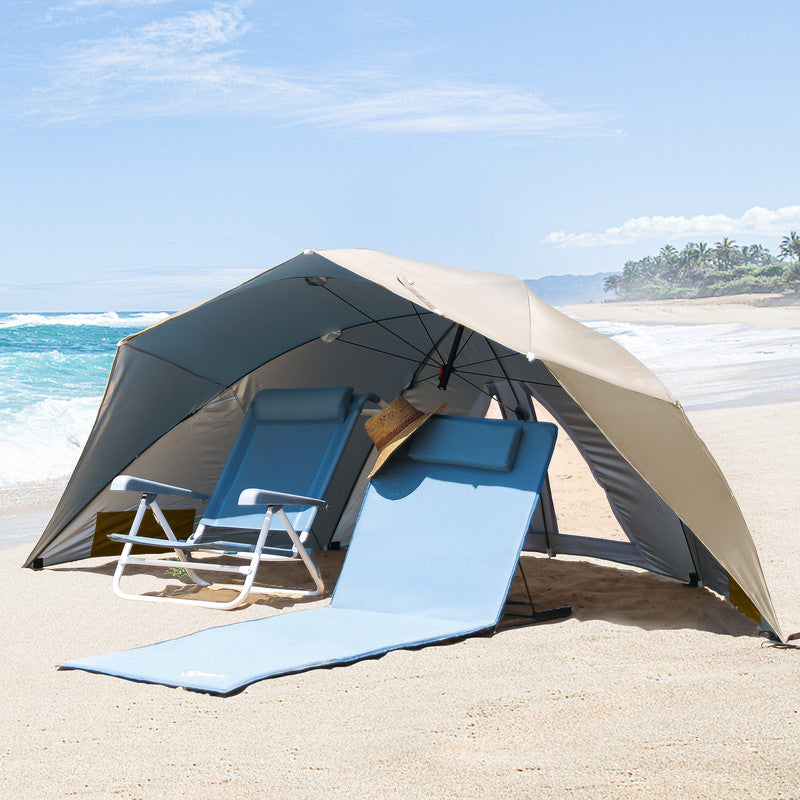 Strandmuschel mit Sonnenschirm – 3-in-1 Sonnenschutz, Windschutz und Strandschirm, beige