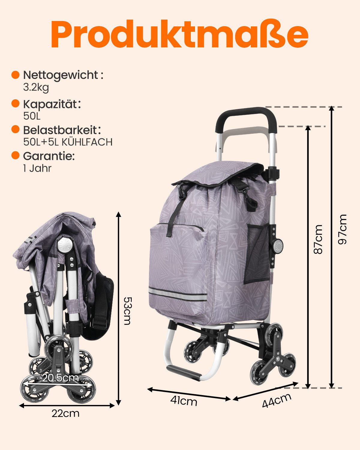 Einkaufstrolley klappbar mit Kühlfach 55 L – Shopping Trolley bis 50 kg belastbar, Treppensteiger