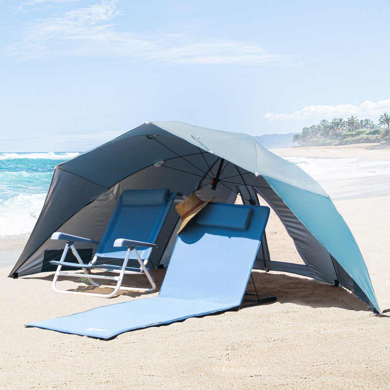 Strandmuschel mit Sonnenschirm – 3-in-1 Sonnenschutz, Windschutz und Strandschirm, blau-grün