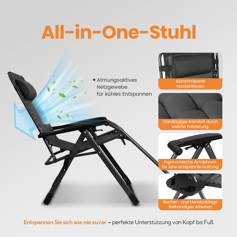 Liegestuhl klappbar XXL bis 180 kg belastbar – Sonnenliege mit Kissen für Garten, Balkon, Terrasse & Camping, schwarz