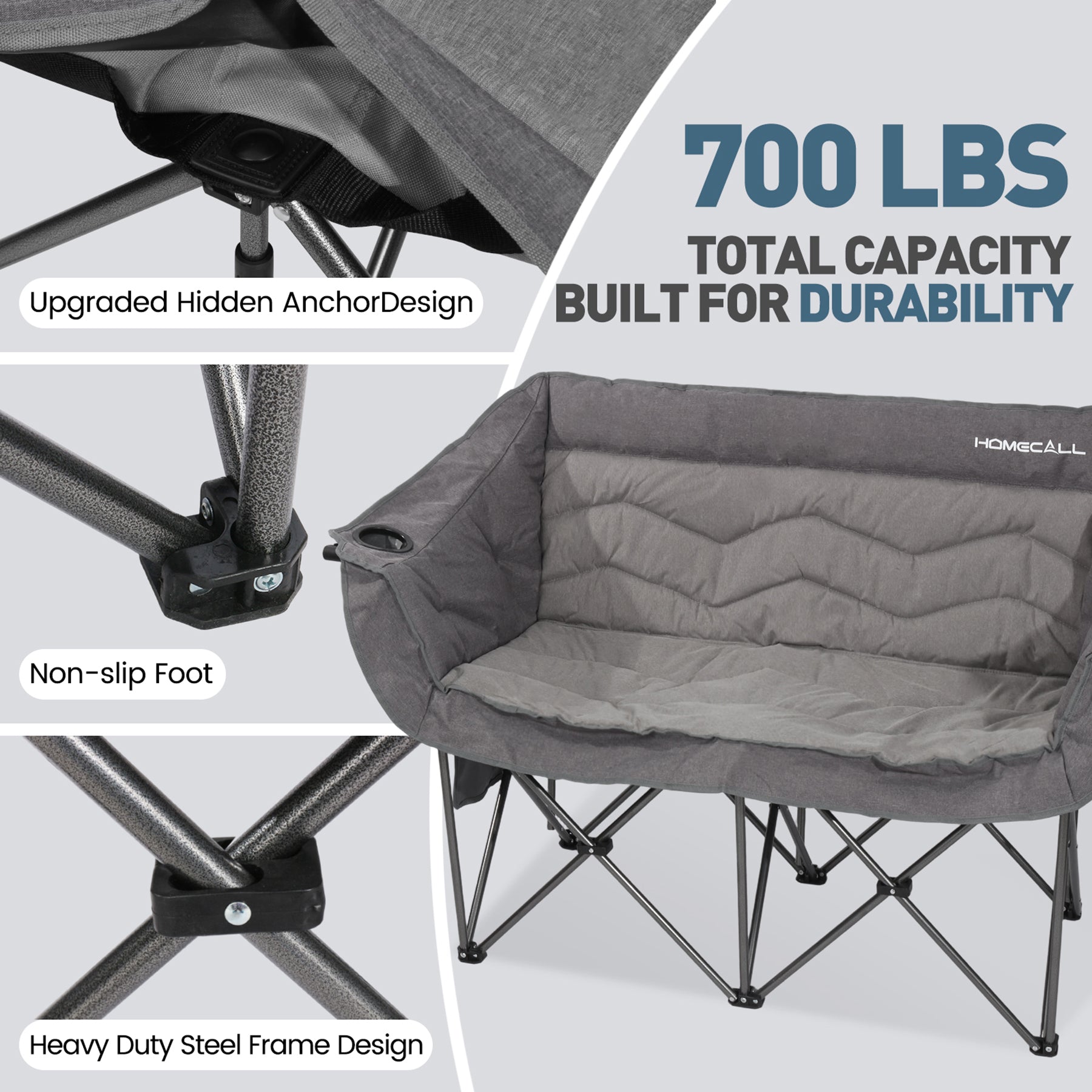 HOMECALL Campingstuhl 2 Personen faltbar – Doppel Campingsofa bis 360 kg, stabile Camping Couch mit Rückenlehne, Grau