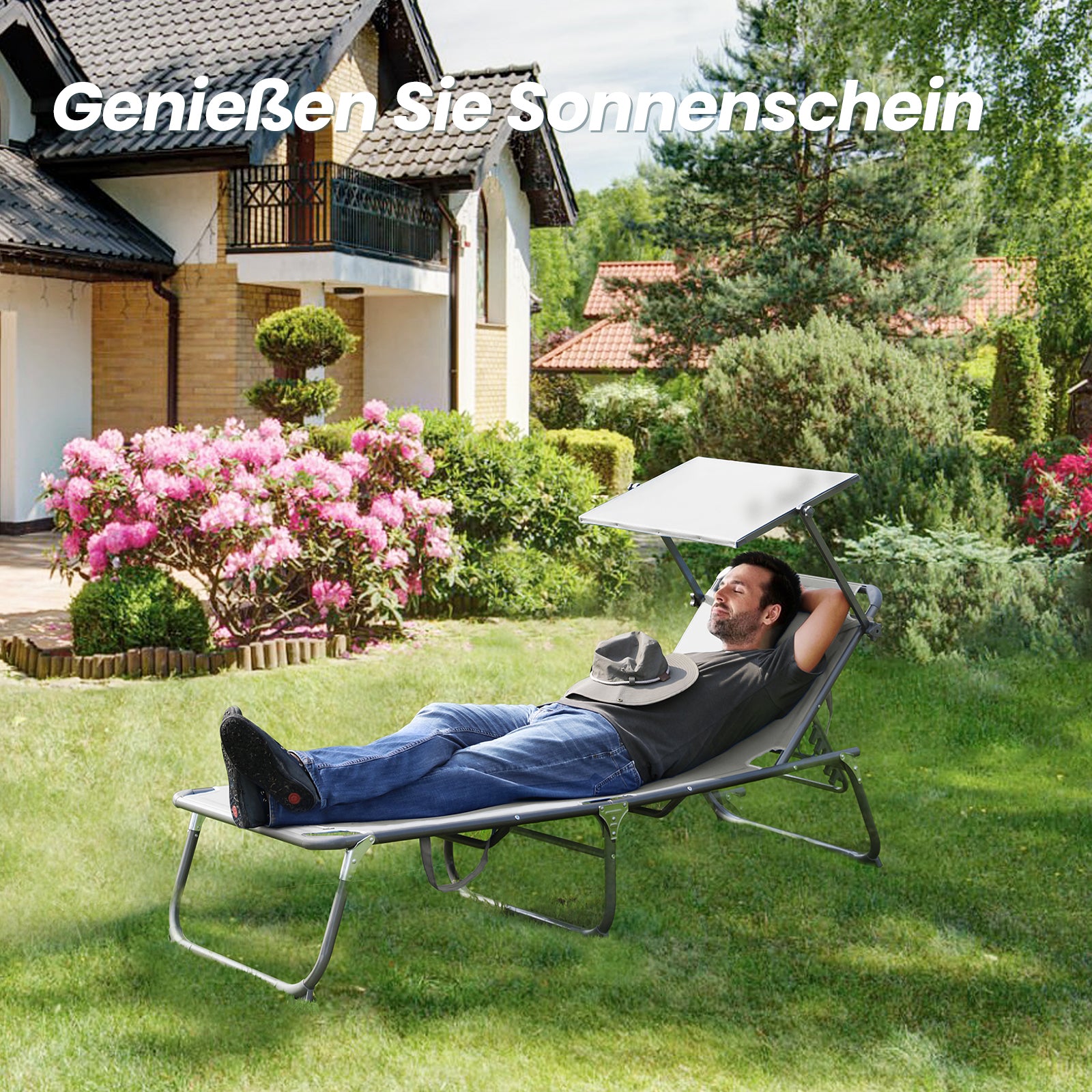 Sonnenliege klappbar – Gartenliege aus Aluminium mit 5-fach verstellbarer Rückenlehne, Sonnenschutz und Kopfstütze, bis 180 kg belastbar - grau