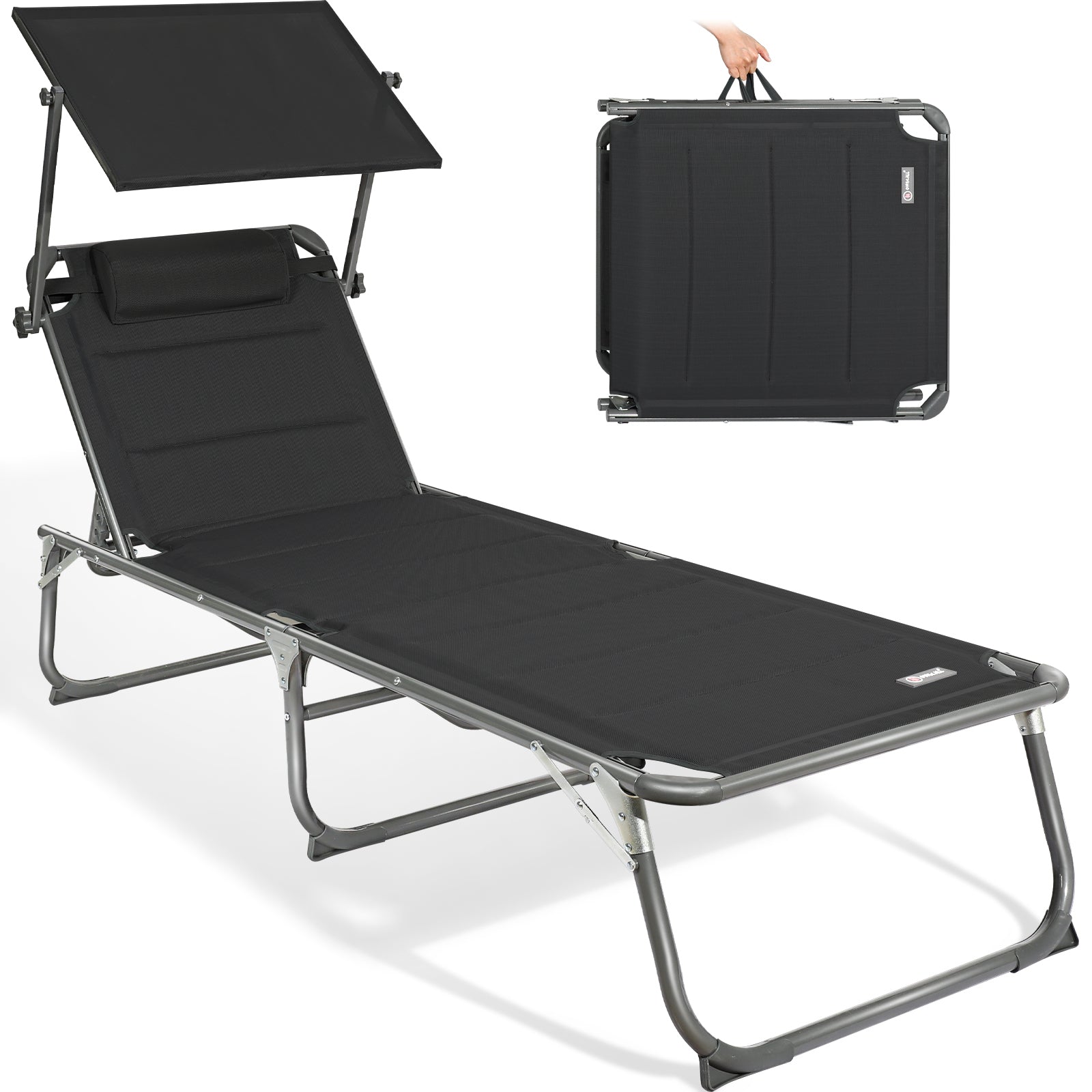 HOMECALL Sonnenliege XXL klappbar schwarz – 5-fach verstellbar mit Sonnenschutz, gepolstert bis 180 kg | B-Ware Sonderposten