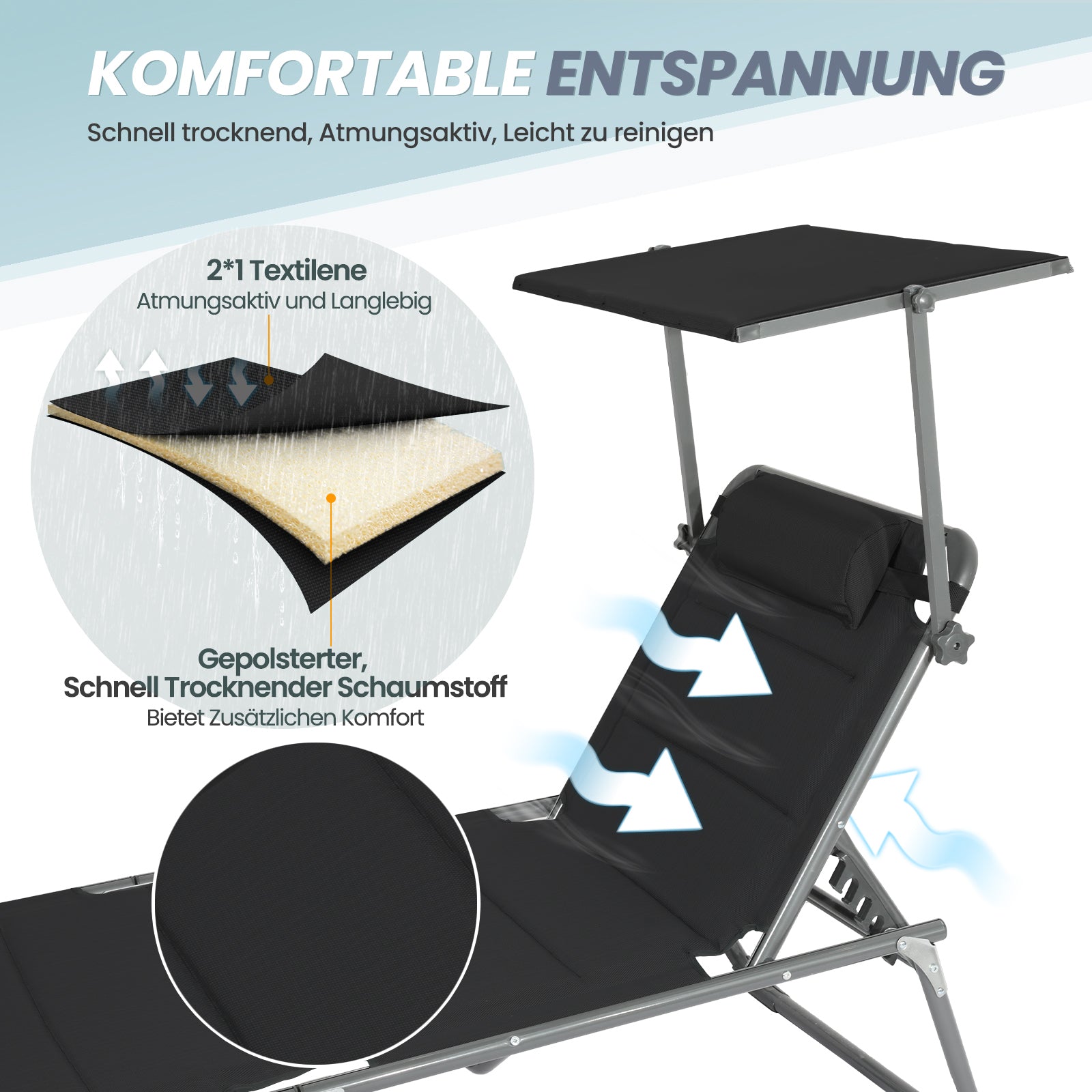 HOMECALL Sonnenliege XXL klappbar schwarz – 5-fach verstellbar mit Sonnenschutz, gepolstert bis 180 kg | B-Ware Sonderposten