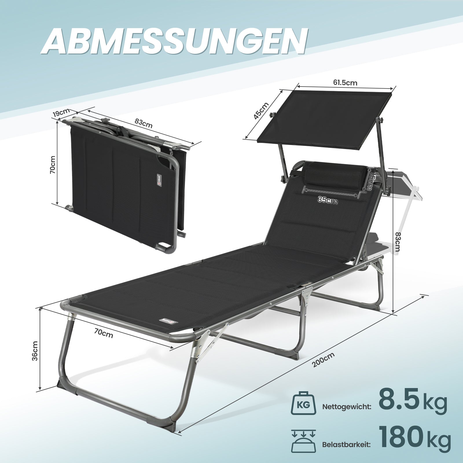 HOMECALL Sonnenliege XXL klappbar schwarz – 5-fach verstellbar mit Sonnenschutz, gepolstert bis 180 kg | B-Ware Sonderposten